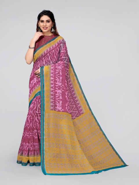 

MIRCHI FASHION Pink & Brown Zari Ikat Saree