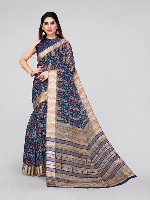 

MIRCHI FASHION Navy Blue & Beige Floral Saree
