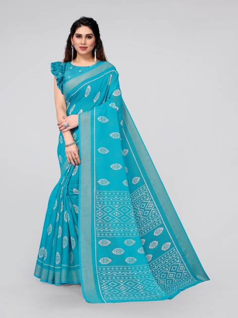 

MIRCHI FASHION Blue & Cream-Coloured Ethnic Motifs Ikat Saree