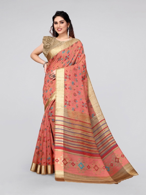 

MIRCHI FASHION Women Peach-Coloured & Maroon Floral Cotton Blend Saree