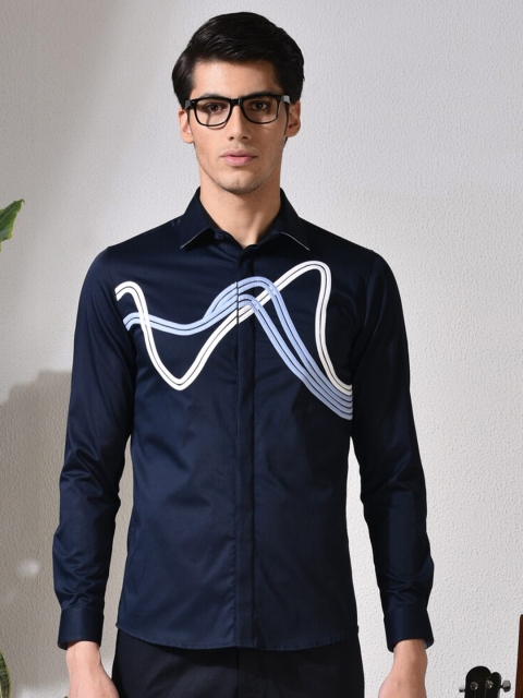

ABKASA Men Navy Blue Sharp Slim Fit Printed Cotton Casual Shirt