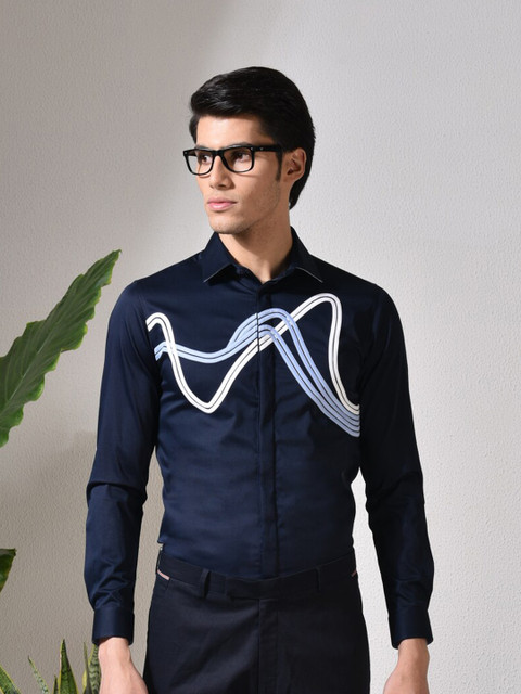

ABKASA Men Navy Blue Sharp Slim Fit Printed Casual Shirt