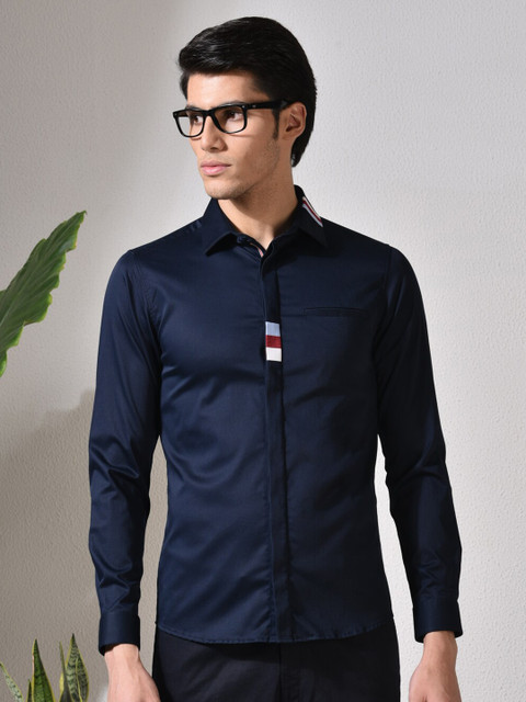 

ABKASA Men Navy Blue Sharp Slim Fit Cotton Long Sleeves Casual Shirt