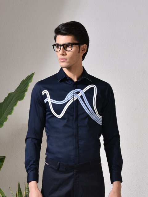 

ABKASA Men Navy Blue Sharp Slim Fit Printed Cotton Long Sleeves Casual Shirt