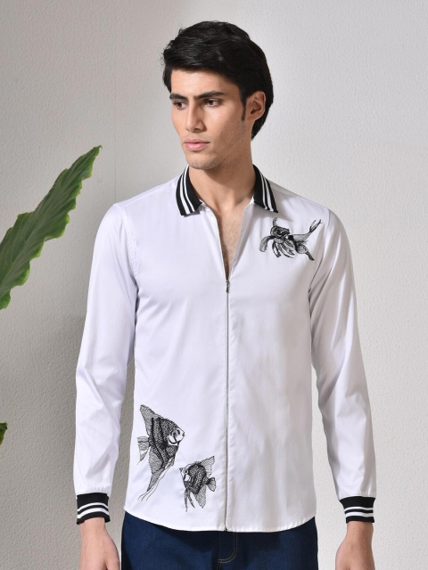 

ABKASA Men White Sharp Slim Fit Printed Cotton Long Sleeves Casual Shirt