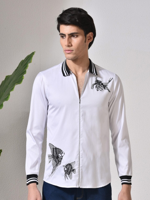 

ABKASA Men White Sharp Slim Fit Printed Cotton Long Sleeves Casual Shirt