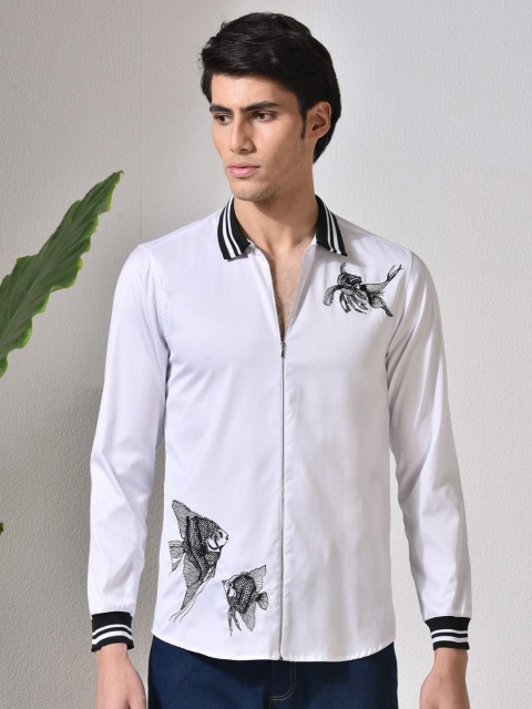 

ABKASA Men White Sharp Slim Fit Cotton Long Sleeves Casual Shirt