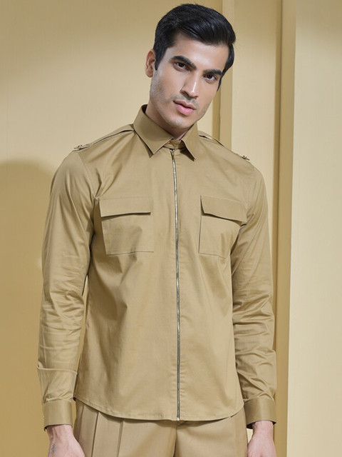 

ABKASA Men Khaki Sharp Slim Fit Cotton Casual Shirt