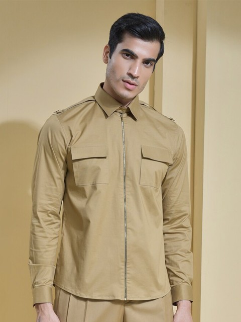 

ABKASA Men Khaki Sharp Slim Fit Cotton Casual Shirt