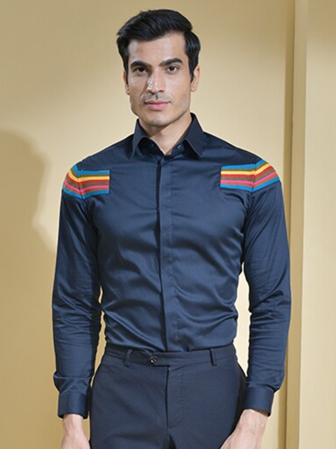 

ABKASA Men Navy Blue Sharp Slim Fit Cotton Casual Shirt
