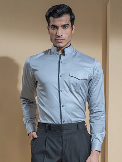 

ABKASA Men Grey Sharp Slim Fit Cotton Mandarin Collar Casual Shirt