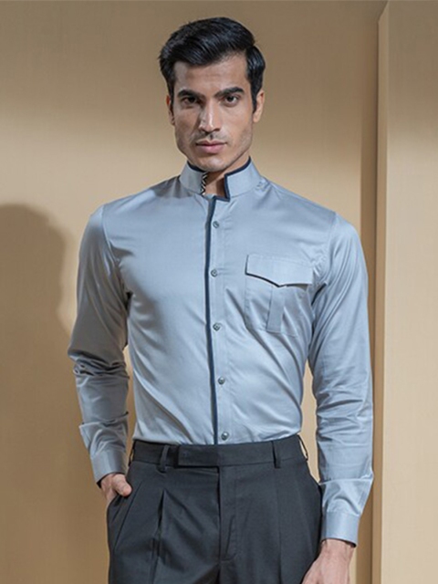 

ABKASA Men Grey Sharp Slim Fit Cotton Mandarin Collar Casual Shirt