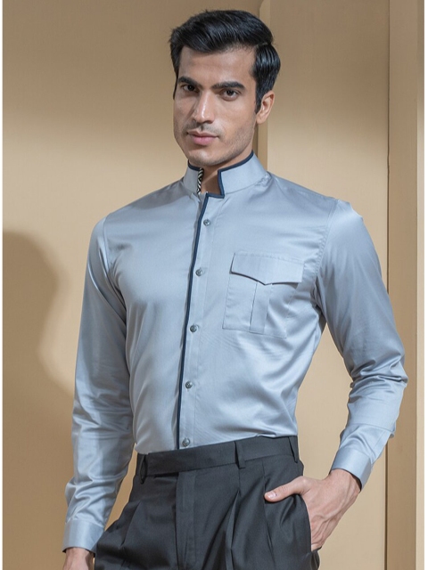 

ABKASA Men Grey Sharp Slim Fit Cotton Mandarin Collar Casual Shirt