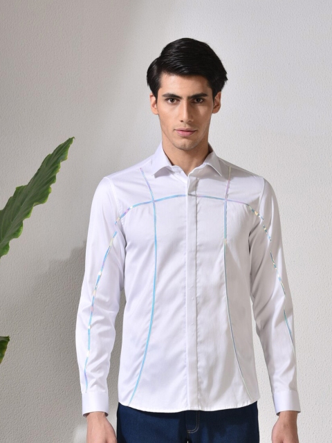 

ABKASA Men White Sharp Slim Fit Cotton Long Sleeves Casual Shirt