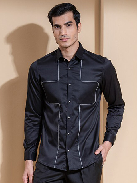 

ABKASA Men Black Sharp Slim Fit Cotton Long Sleeves Casual Shirt
