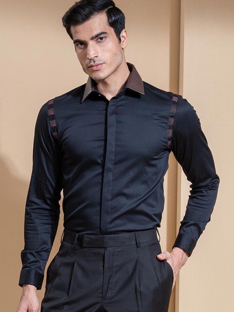 

ABKASA Men Black Sharp Slim Fit Cotton Long Sleeves Casual Shirt