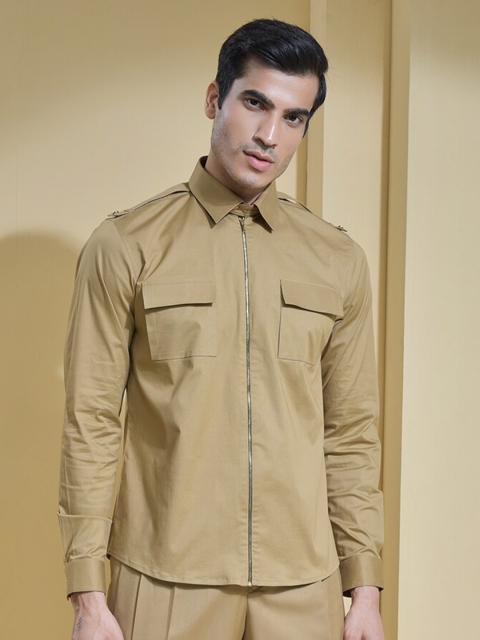 

ABKASA Men Khaki Sharp Slim Fit Cotton Long Sleeves Casual Shirt