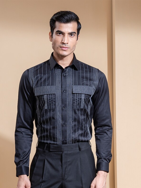

ABKASA Men Black Sharp Slim Fit Striped Cotton Long Sleeves Casual Shirt