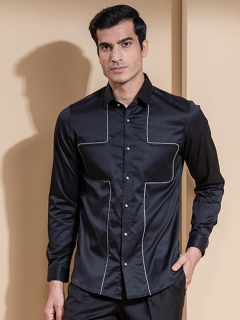

ABKASA Men Black Sharp Slim Fit Cotton Long Sleeves Casual Shirt