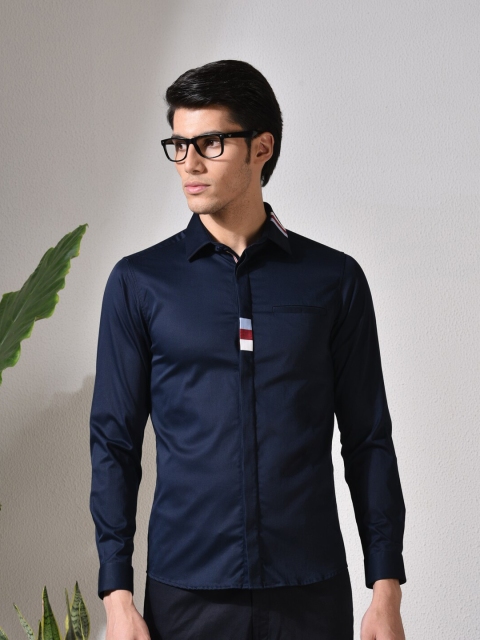 

ABKASA Men Navy Blue Sharp Slim Fit Cotton Long Sleeves Casual Shirt