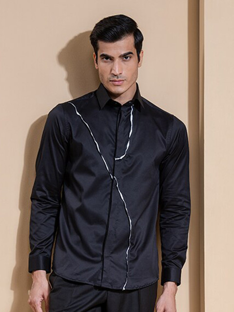 

ABKASA Men Black Sharp Slim Fit Cotton Long Sleeves Casual Shirt