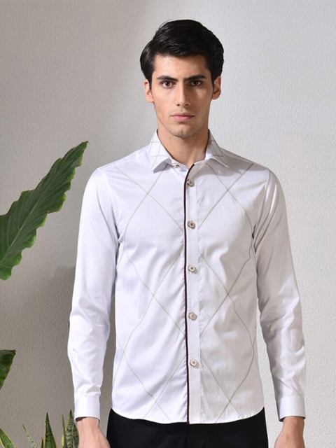 

ABKASA Men White Sharp Slim Fit Multi Stripes Striped Cotton Casual Shirt
