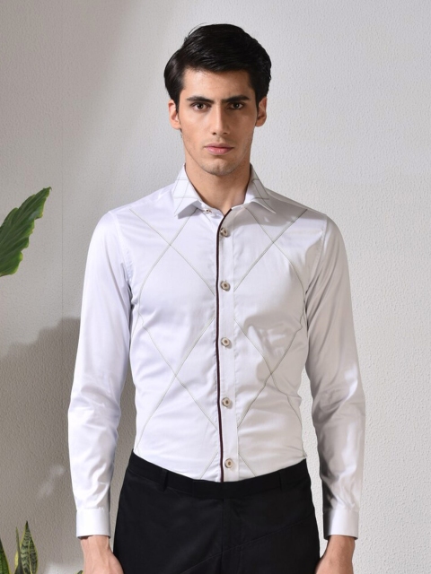 

ABKASA Men White Sharp Slim Fit Multi Stripes Striped Cotton Casual Shirt