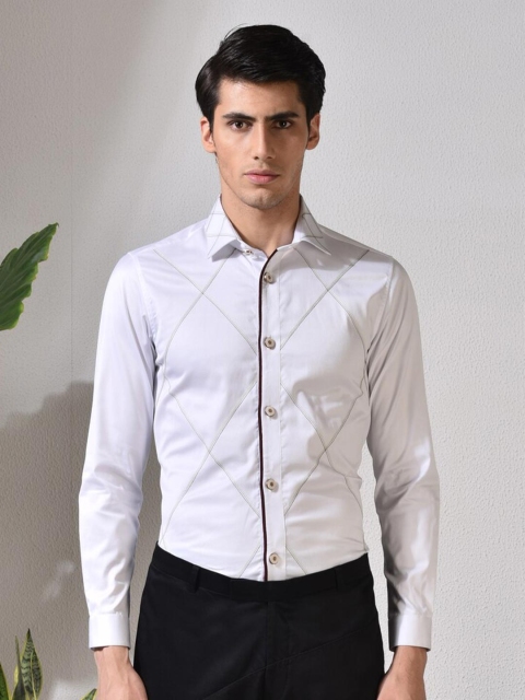 

ABKASA Men White Sharp Slim Fit Multi Stripes Striped Cotton Casual Shirt