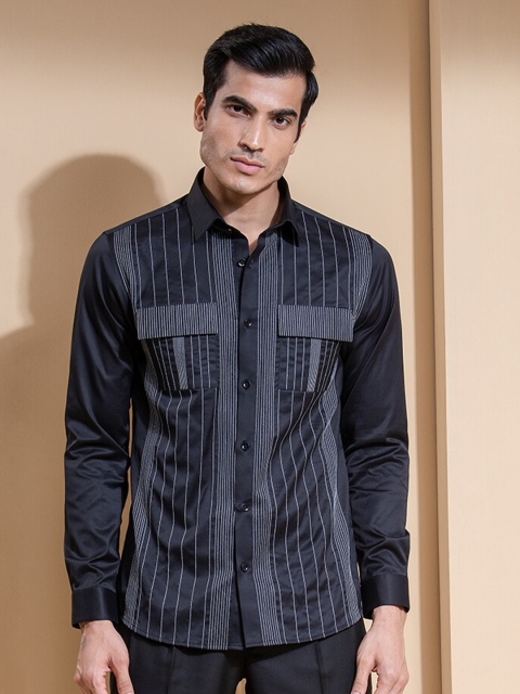 

ABKASA Men Black Striped Sharp Slim Fit Casual Shirt