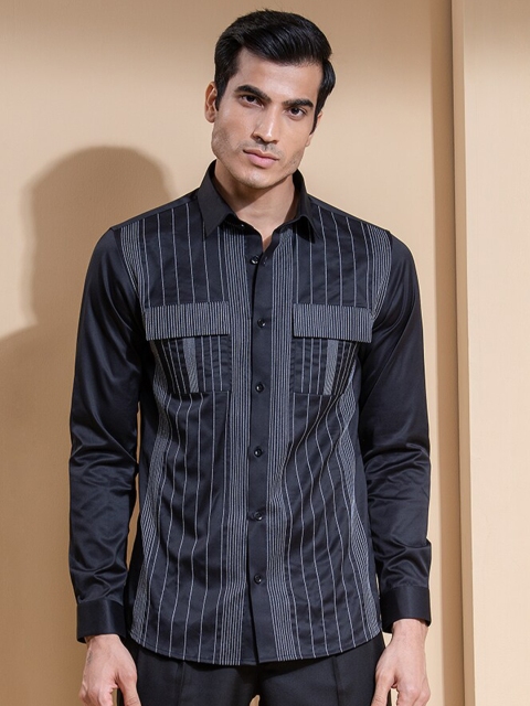 

ABKASA Men Black Striped Sharp Slim Fit Casual Shirt
