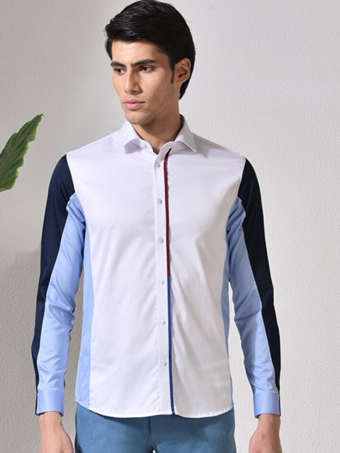 

ABKASA Men White & Blue Colourblocked Sharp Slim Fit Casual Shirt