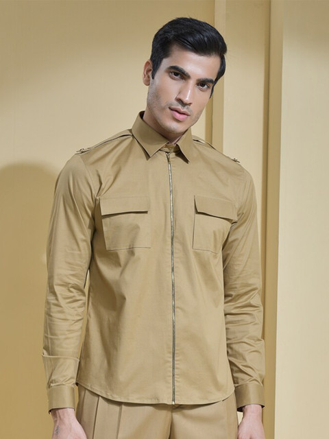 

ABKASA Men Khaki Solid Sharp Slim Fit Casual Shirt
