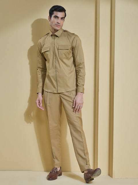

ABKASA Men Khaki Solid Sharp Slim Fit Casual Shirt
