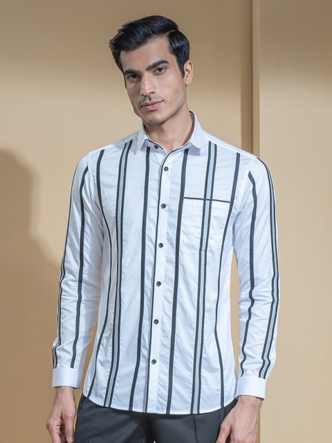

ABKASA Men White Striped Sharp Slim Fit Casual Shirt