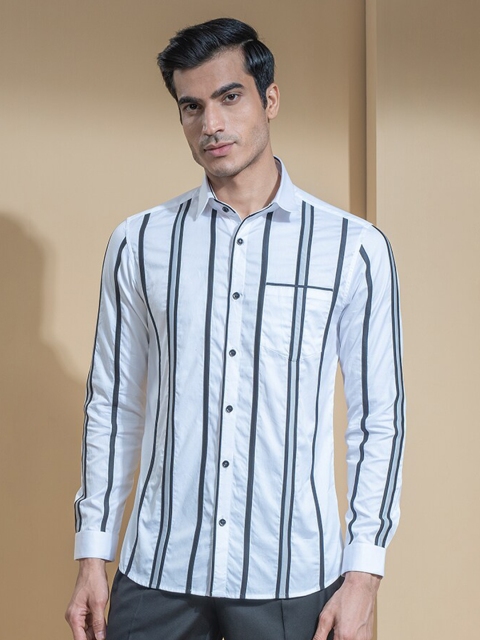 

ABKASA Men White Striped Sharp Slim Fit Casual Shirt