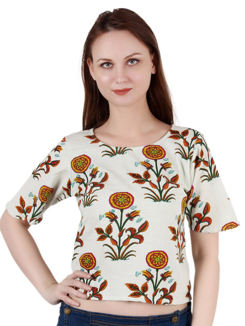 

SAKIA Women Off White & Orange Floral Print Top