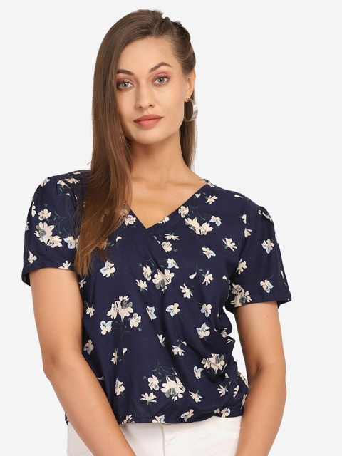 

SAKIA Blue & White Floral Print Wrap Top