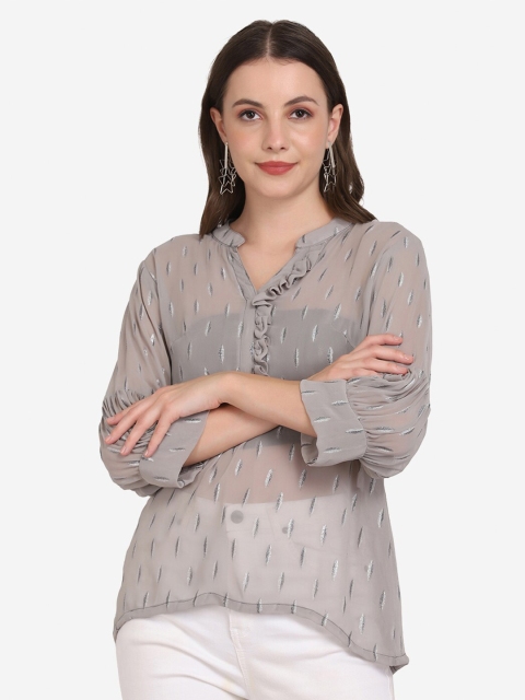 

SAKIA Grey Striped Mandarin Collar Top