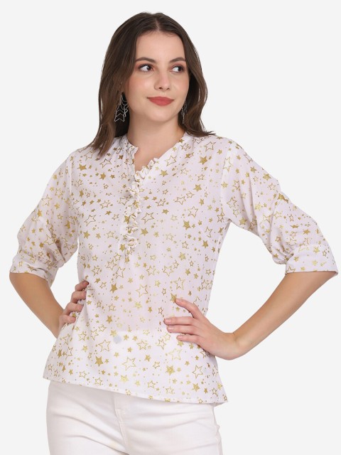 

SAKIA White Floral Print Mandarin Collar Top