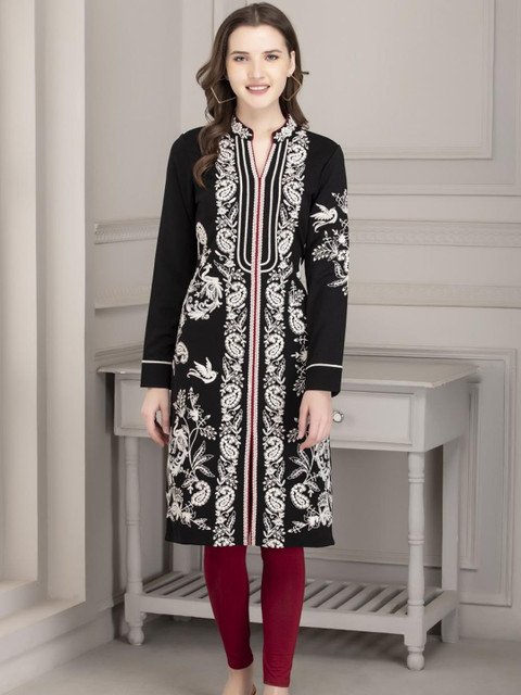 

Lakshita Women Charcoal Floral Embroidered Thread Work Crepe Kurta