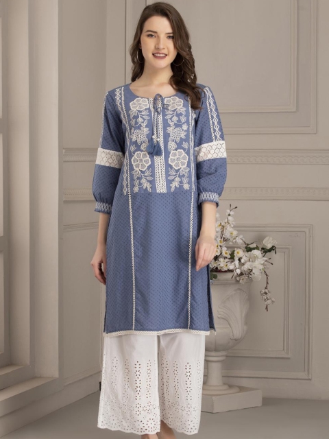 

Lakshita Women Blue Ethnic Motifs Thread Work Kurta