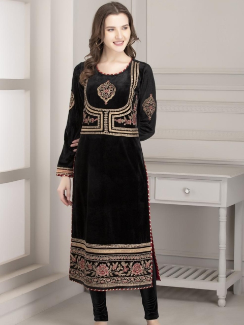

Lakshita Women Charcoal Keyhole Neck Flared Sleeves Velvet Kurta