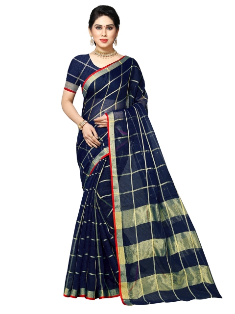 

Sidhidata Navy Blue & Gold-Toned Checked Zari Kota Saree