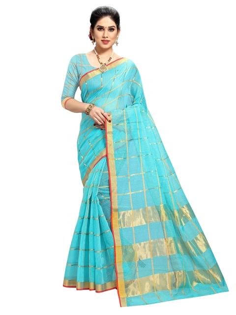 

Sidhidata Sea Green & Gold-Toned Checked Zari Half And Half Kota Saree