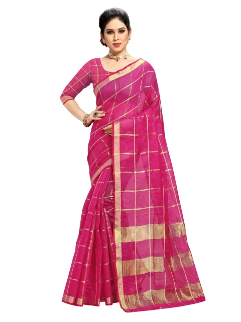 

Sidhidata Magenta Checked Zari Kota Cotton Saree With Unstitched Blouse Piece