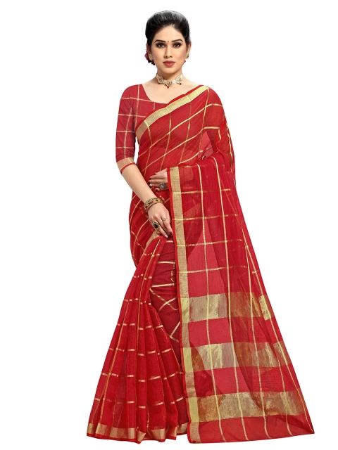 

Sidhidata Red & Gold-Toned Checked Zari Kota Saree
