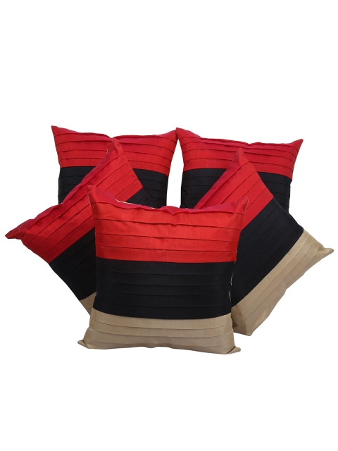 

Clasiko Red & Navy Blue Set of 5 Striped Square Cushion Covers