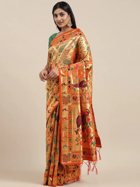

Pandadi Saree Orange & Green Woven Design Zari Silk Blend Paithani Sarees
