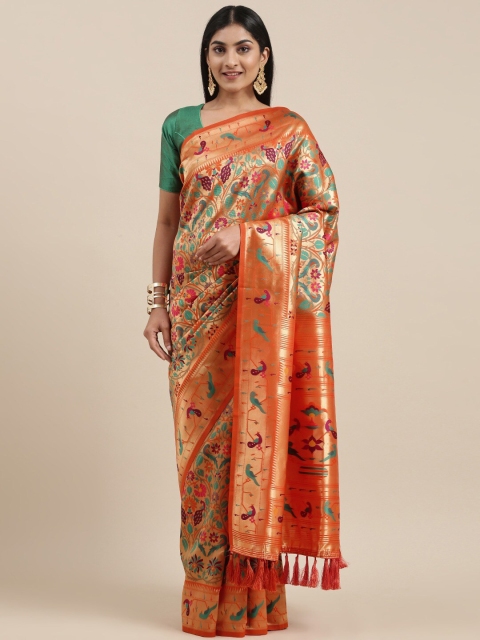 

Pandadi Saree Orange & Green Woven Design Zari Silk Blend Paithani Sarees