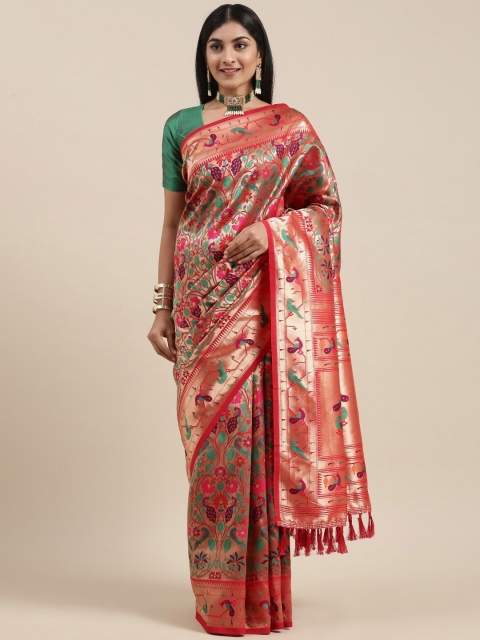 

Pandadi Saree Red & Gold-Toned Woven Design Zari Silk Blend Paithani Sarees